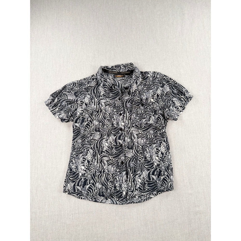 Harley-Davidson Womens Eagle Flag Graphic Rayon Button Down Shirt Black White M
